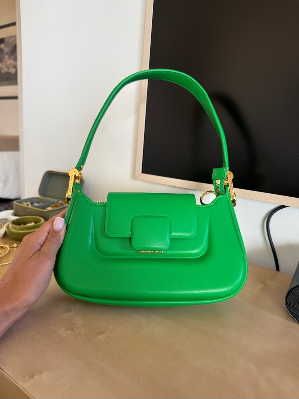 Charles and Keith Green Leather Shoulder Bag with Gold Hardware